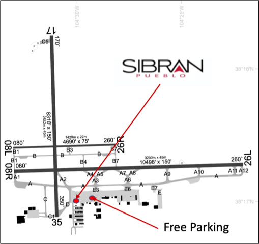 Map showing the self serve fuel station at the Pueblo Airport